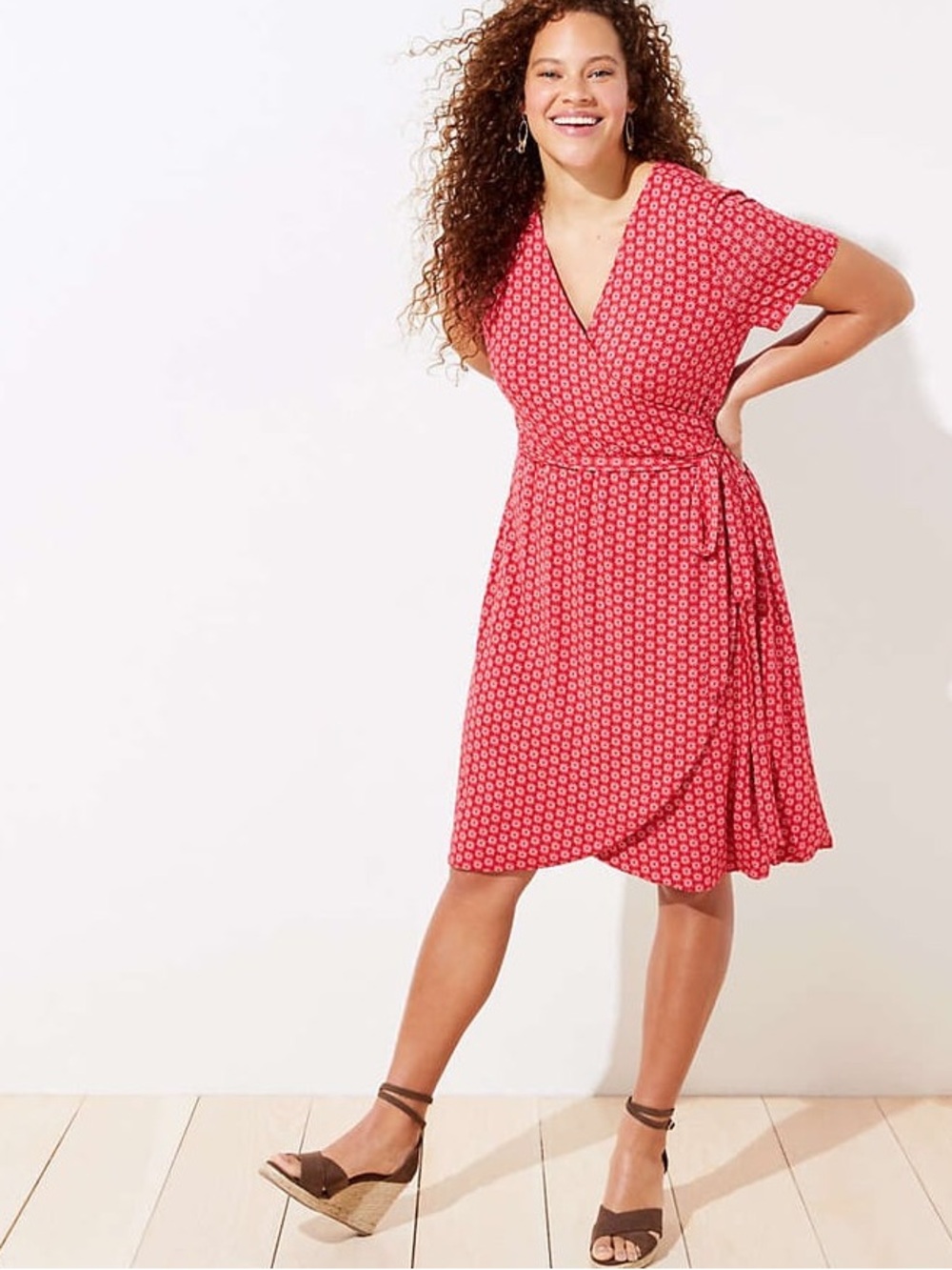 LOFT Pink-Red Printed Wrap Midi Dress